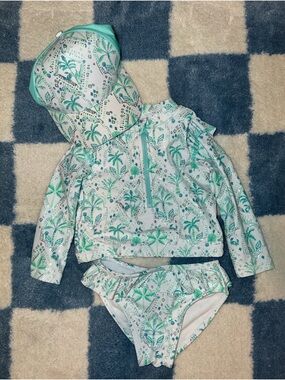 Tommy Bahama Mint & Teal Palm-Print Hooded Rashguard Set